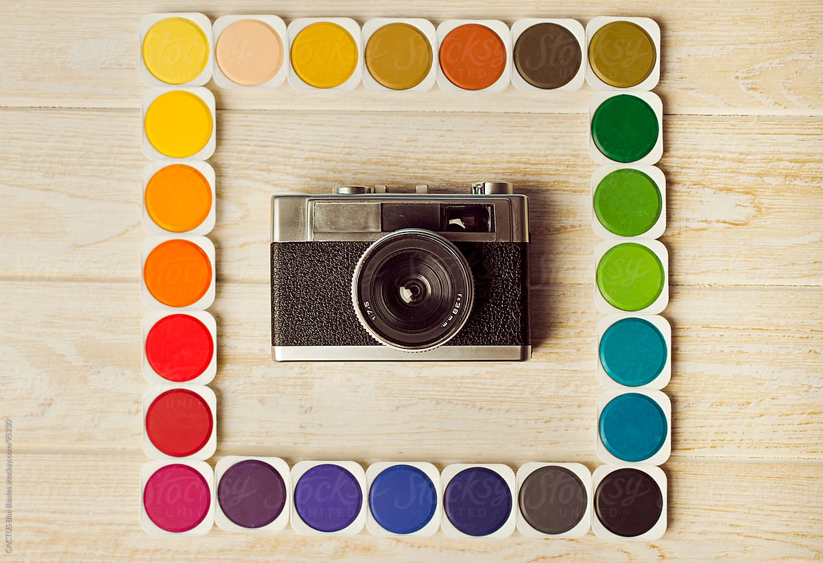 Old camera with multicolored frame