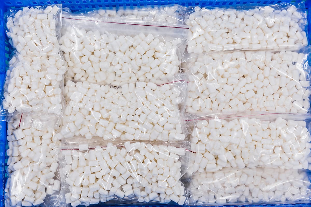 Closeup of white marshmallow in industrial packages