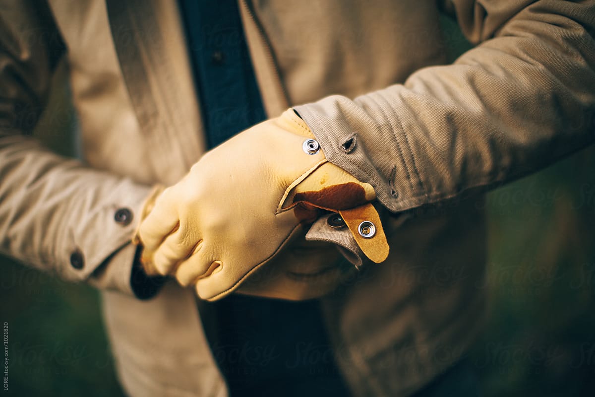 One adult male puts on leather gloves in preparation