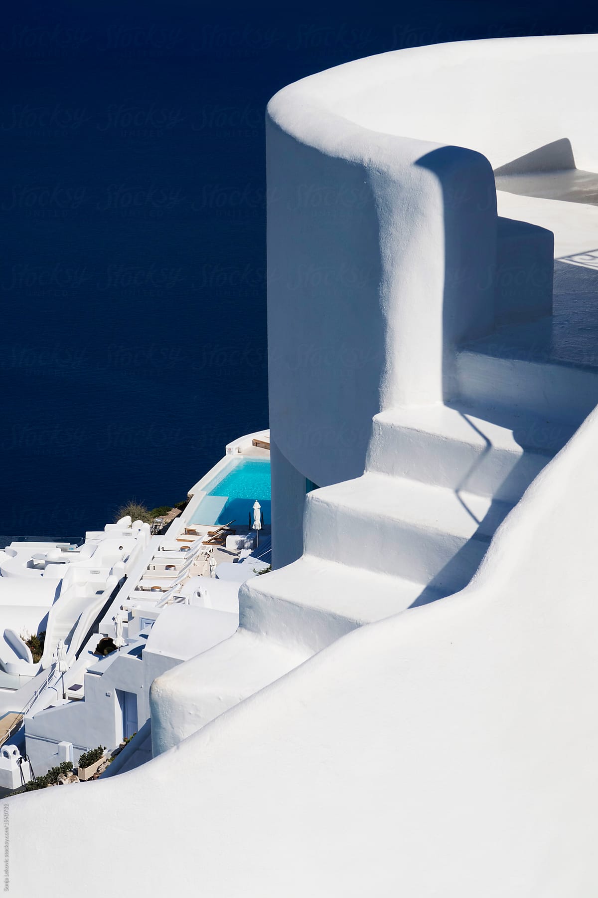 white stairs, architecture and blue sea