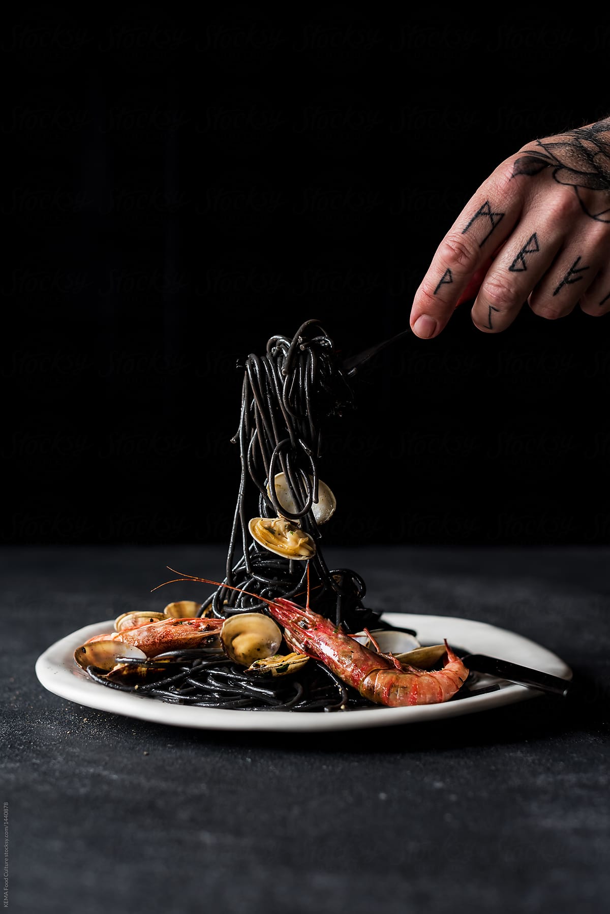 Black pasta with shrimp and clams