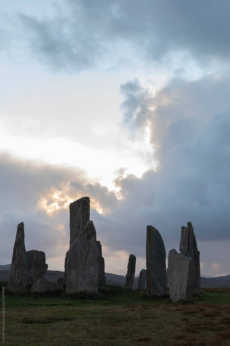 Megalithic stones at sunset on the Isle of Lewis