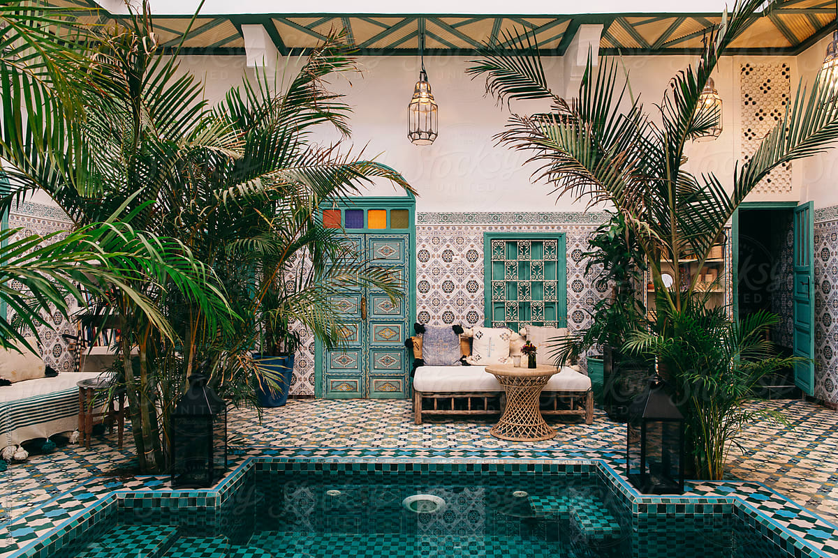 Beautiful Tiled Moroccan Riad Interior With Pool