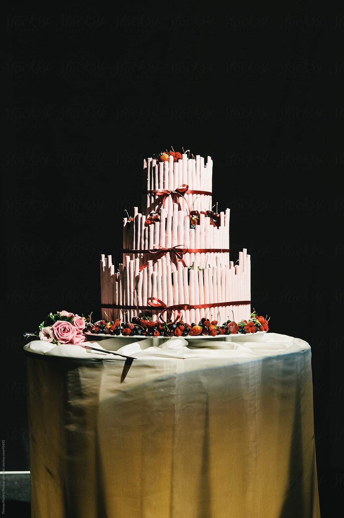 Wedding cake at night.