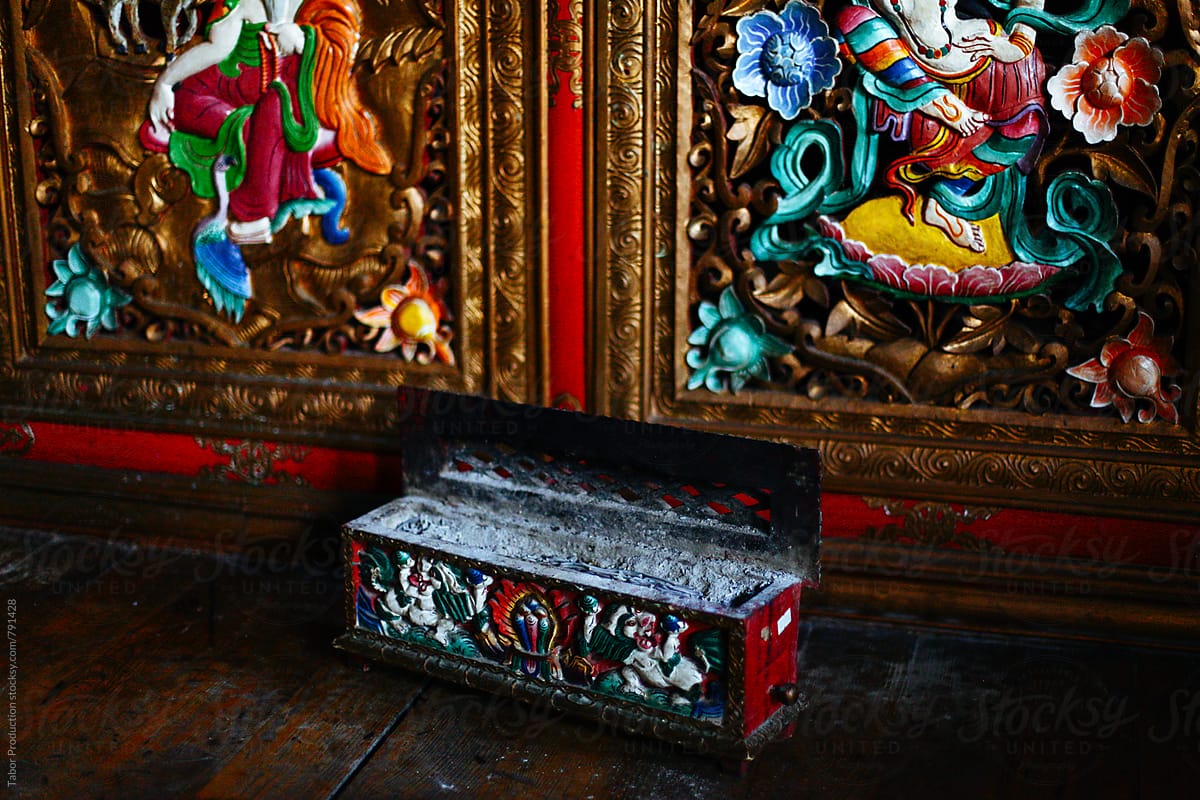 Tibetan old incense box with ash