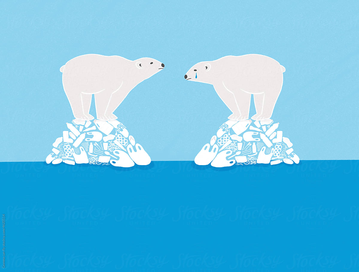 Polar bears crying on plastic iceberg.