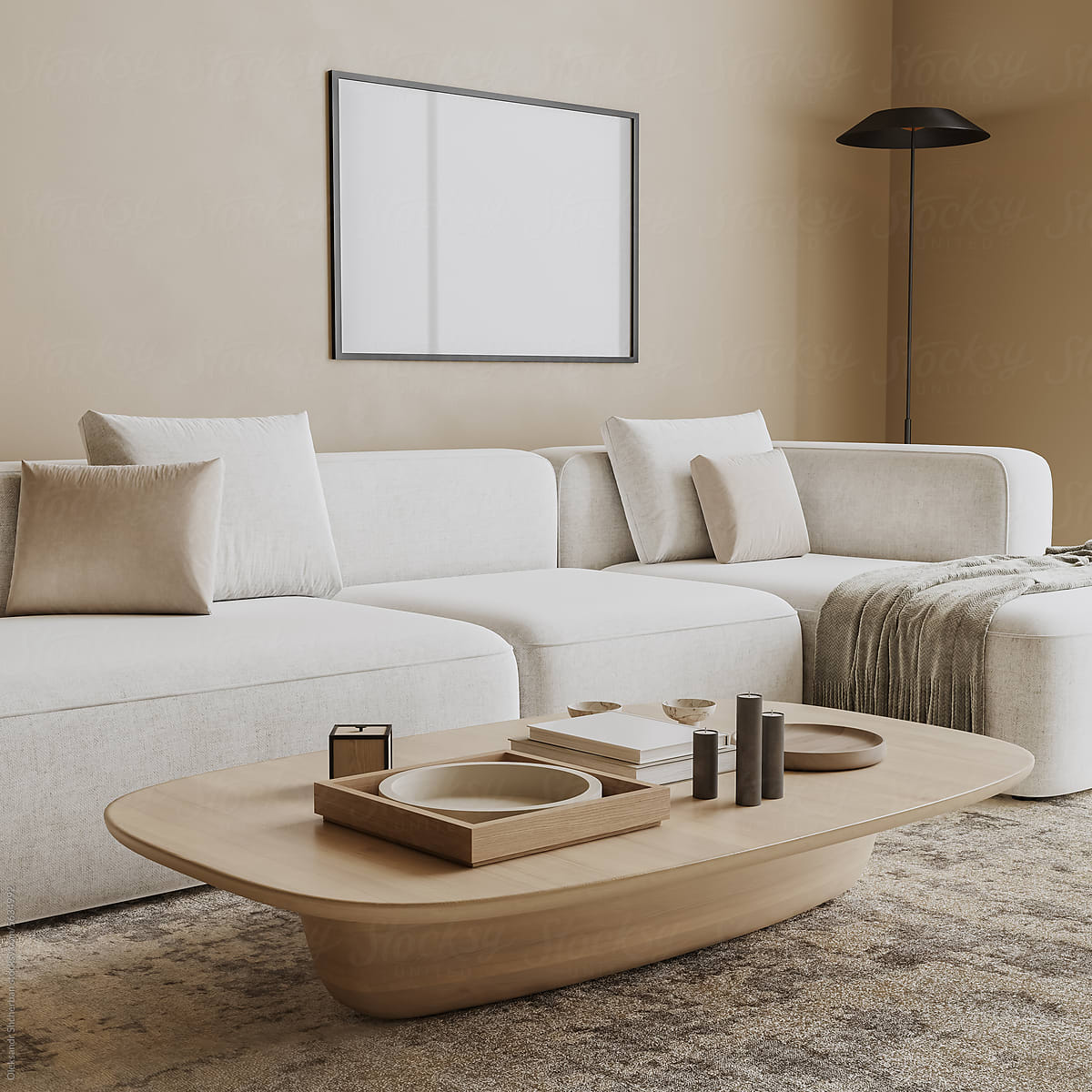 blank picture frame mock up in modern living room interior, 3d render