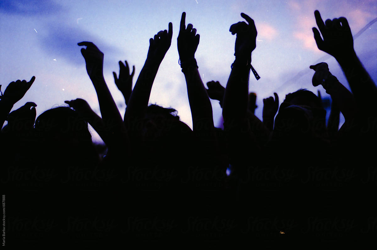 People in the crowd rising hands in a music show