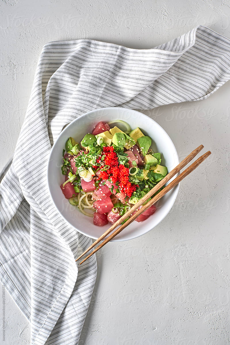 Fresh and Healthy Ahi Noodle Bowl with Fish Eggs Roe