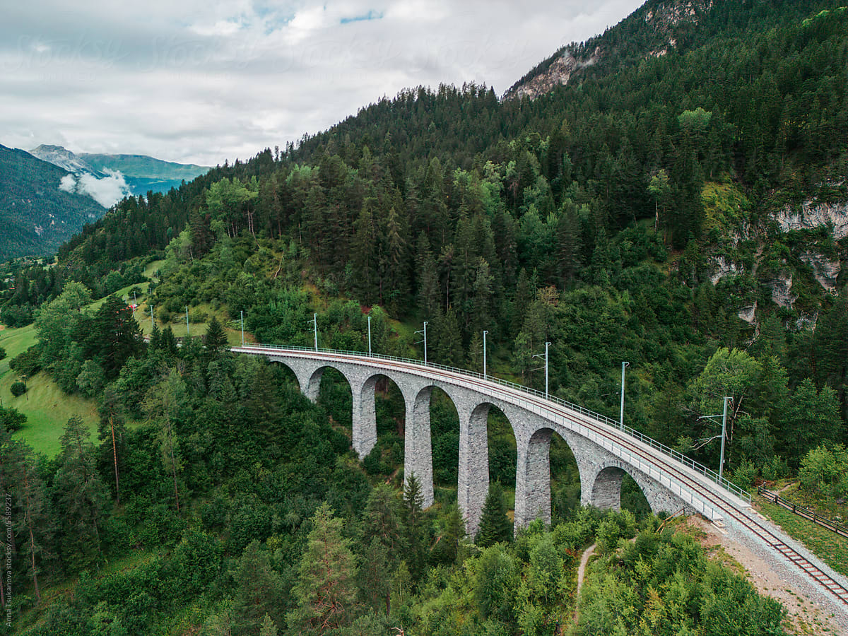 Railway viaduct in Swiss Alps surrounded by forest