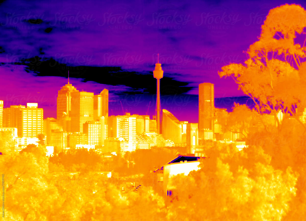 Thermal image Sydney city skyline, Australia - climate change hotspot