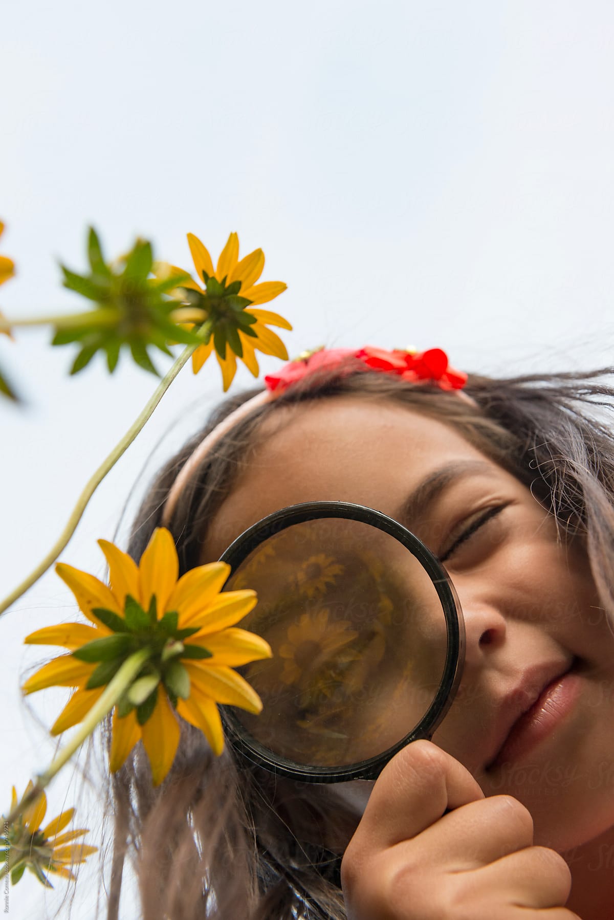 Little Girl With Big Eye Examing Flowers