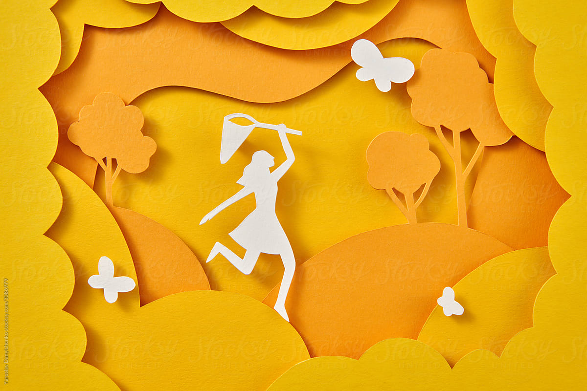 Papercraft background with playing girl.