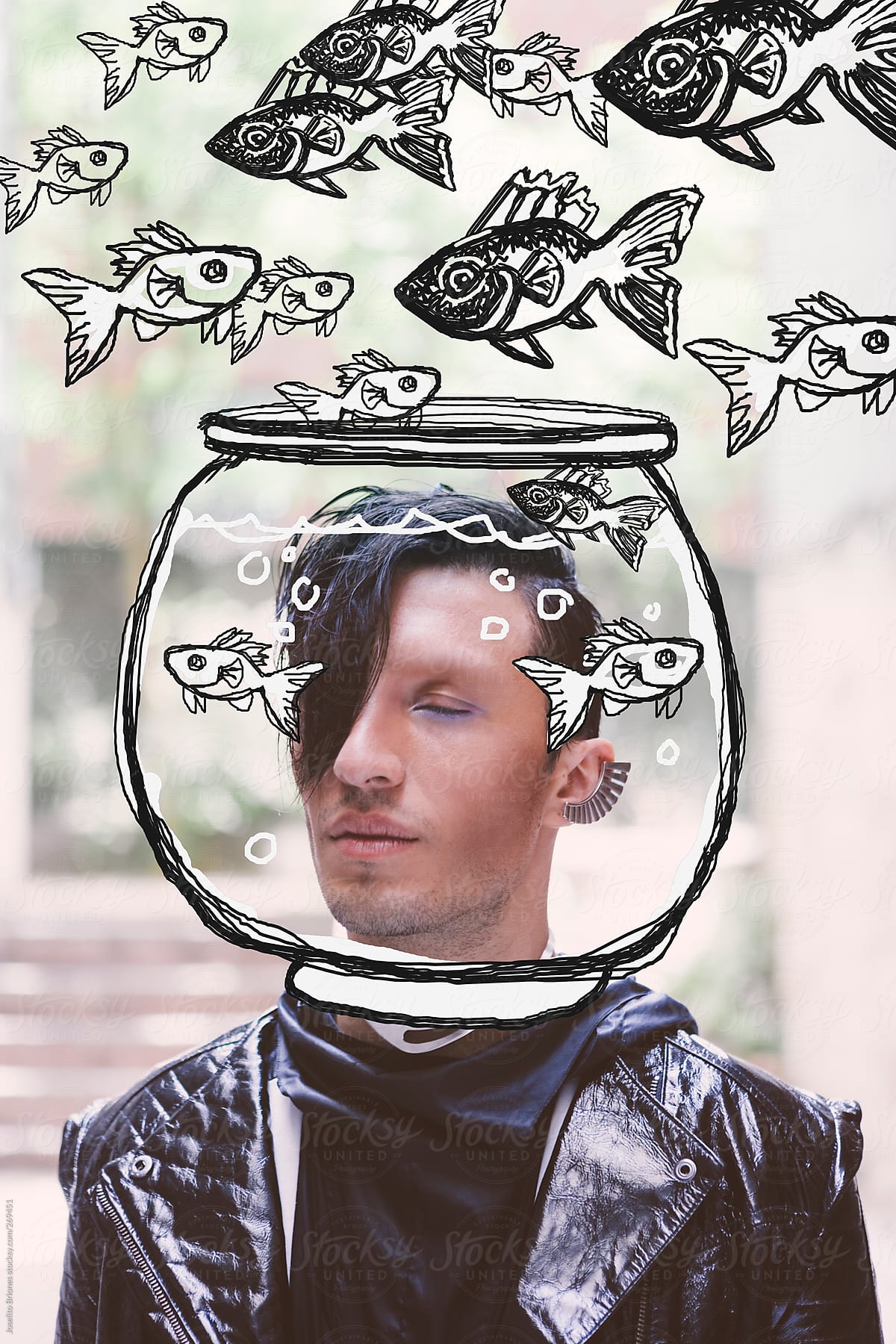 Portrait of Futuristic Man with Childish Drawing of Fishbowl as Space Helmet
