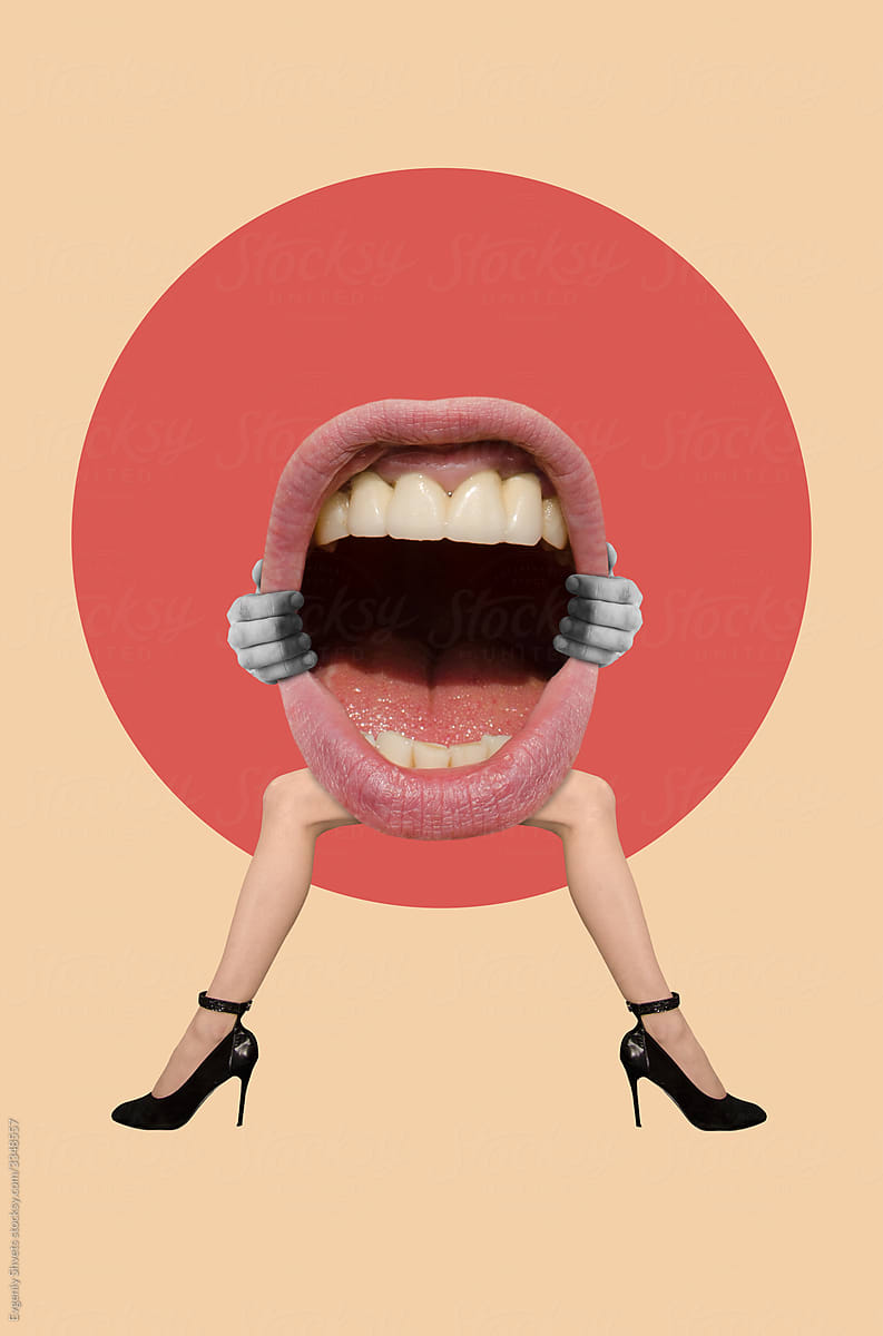 Digital collage with mouth, hands and female legs