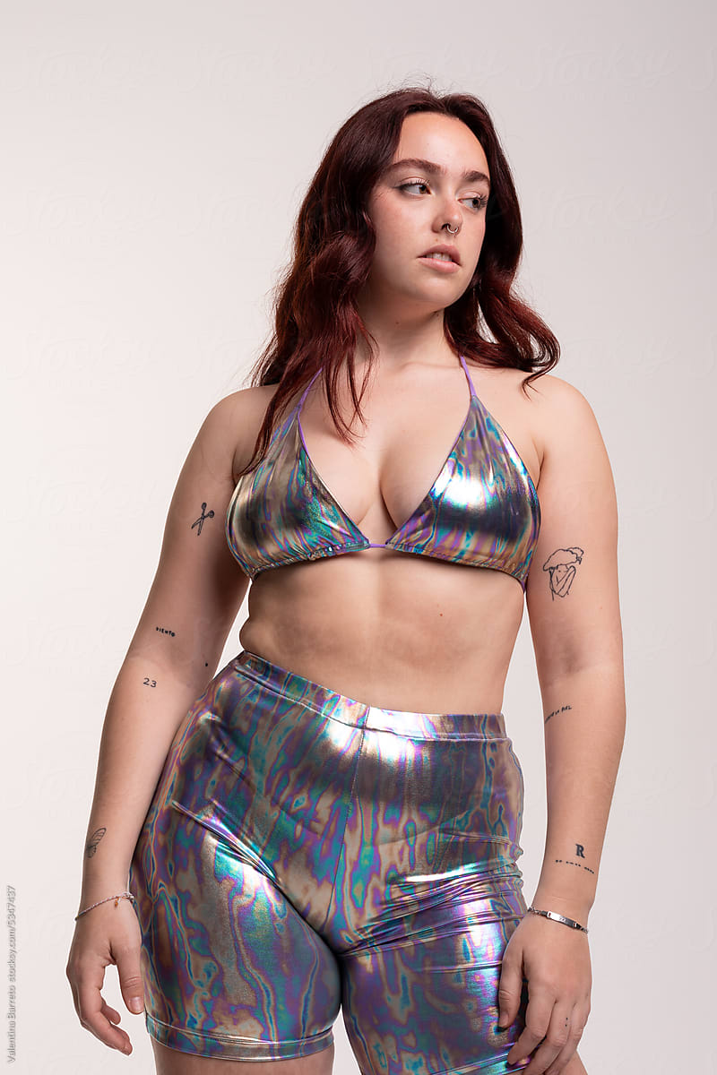 Woman with trendy holographic style