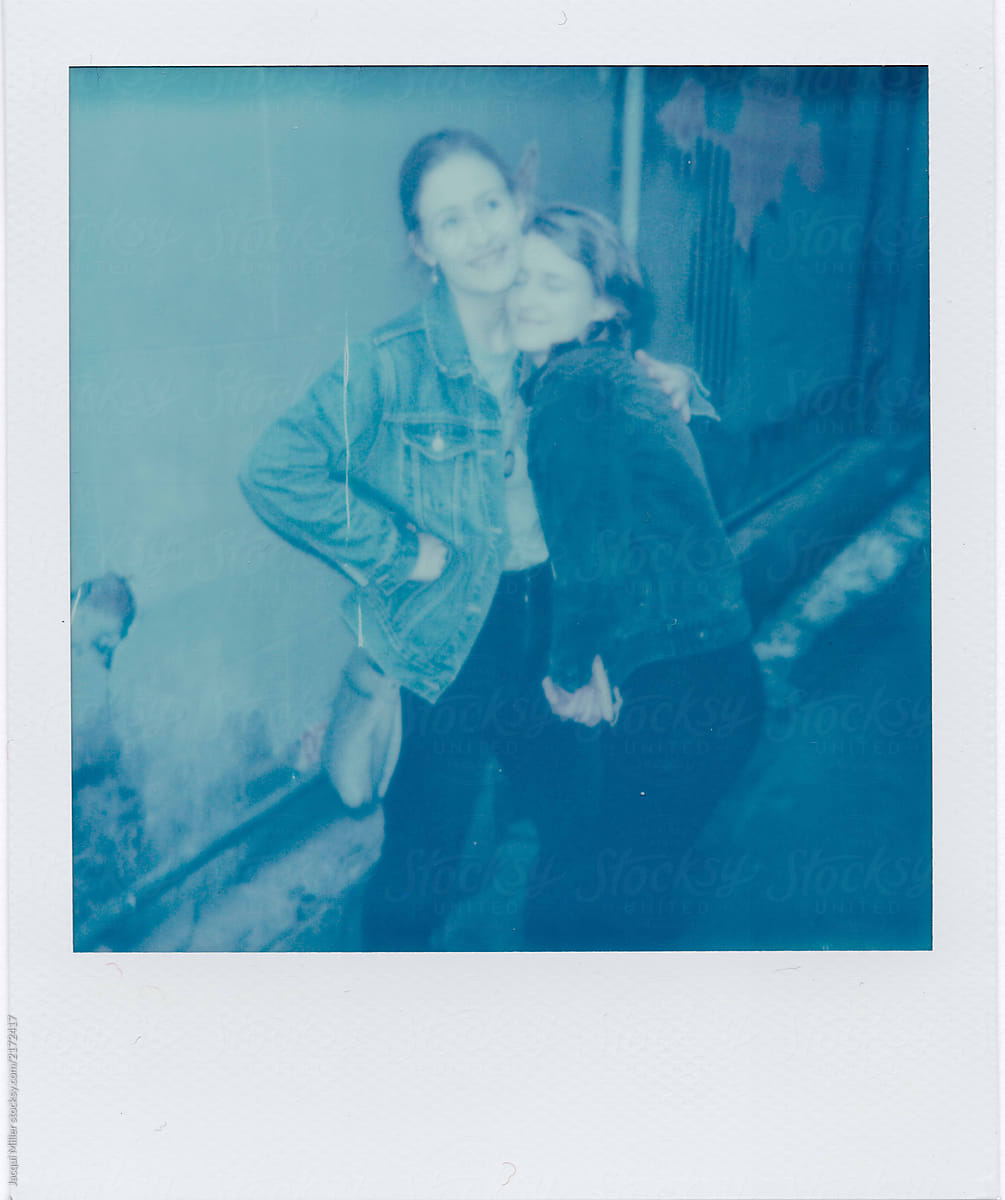 Vintage Polaroid Of Two Young Adult Female Siblings Hugging In Urban 0008