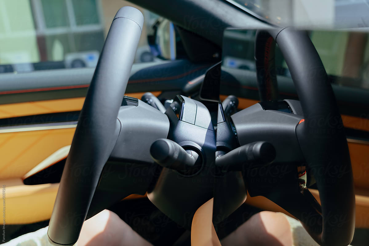 steering wheel of modern electric car