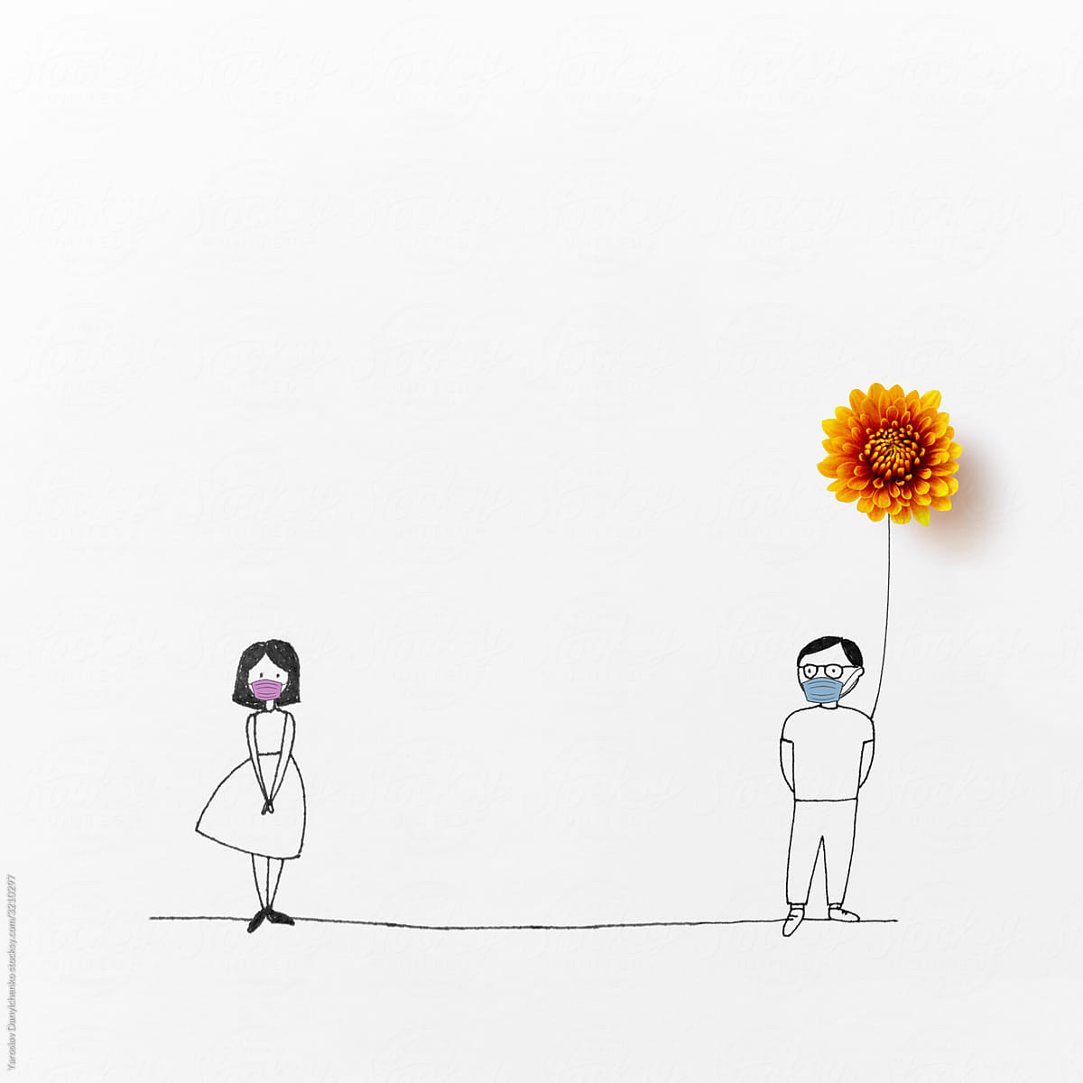 Drawn man and woman in masks on a distance.