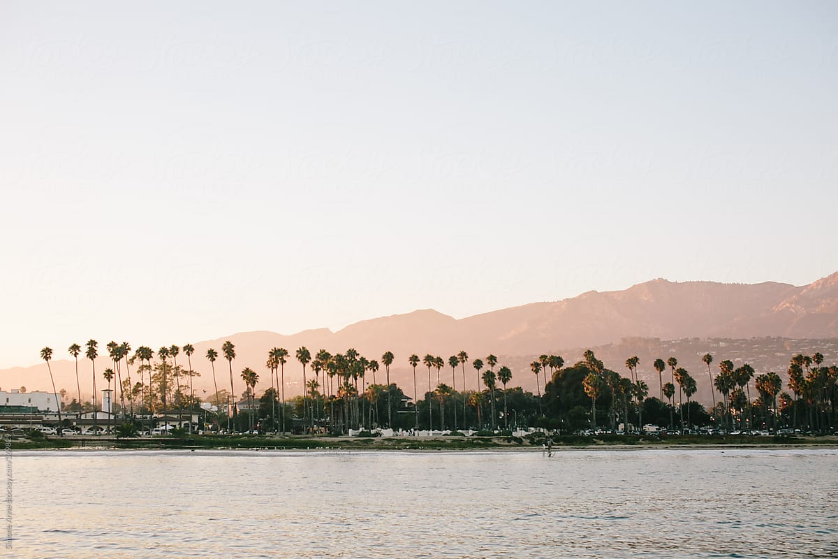 Sunset with palm trees and mountains