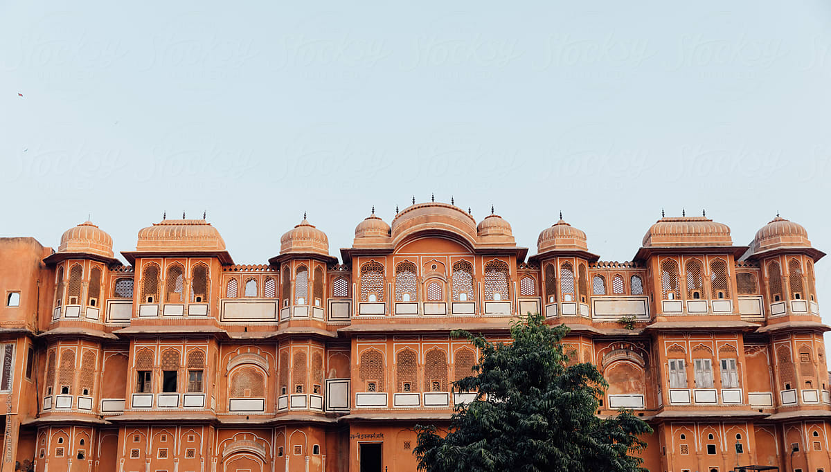 A pink building in Jaipur, India, at sunset