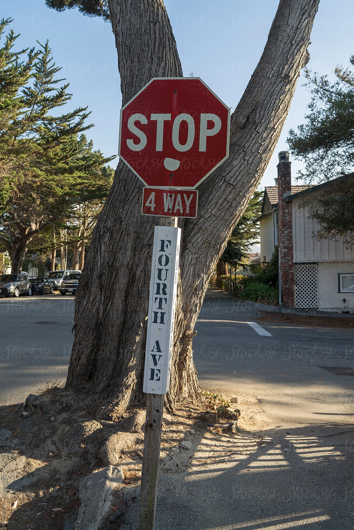 Stop sign at an intersection with a street in the background