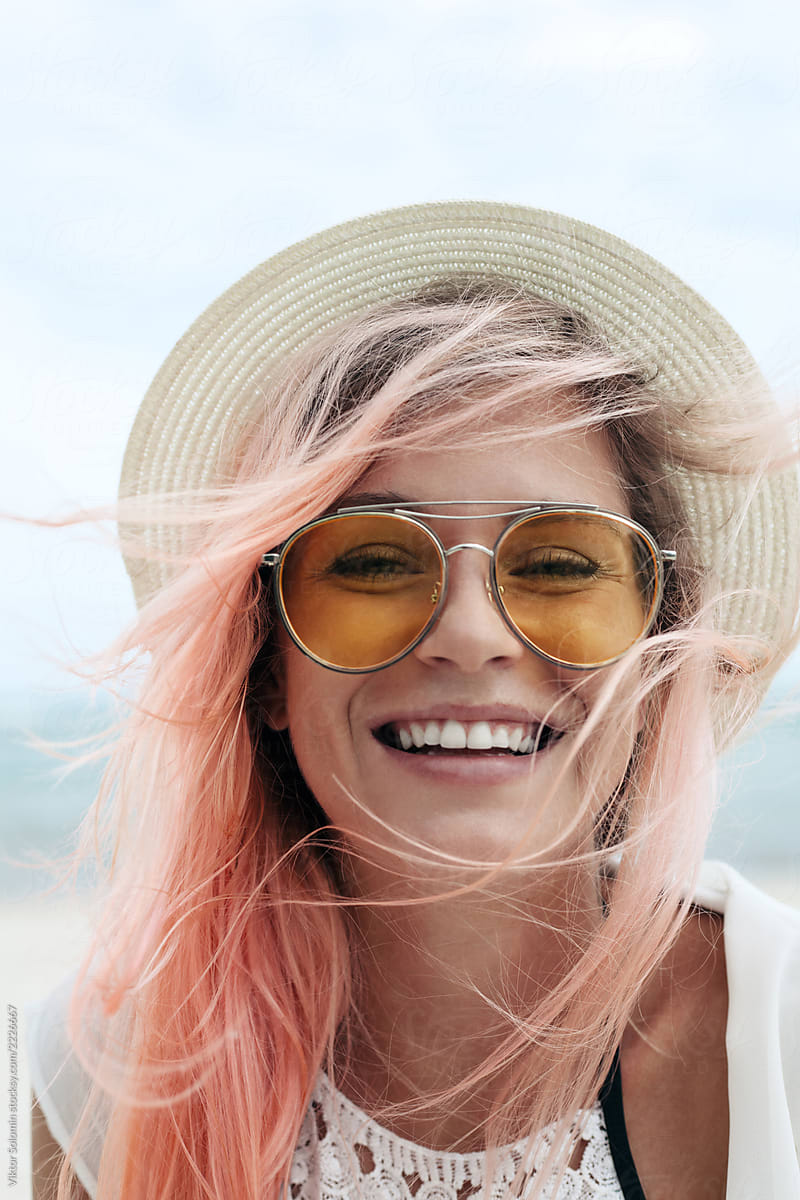 Young Beautiful Sensual Happy Woman With Pink Hair Summer Outdoor 