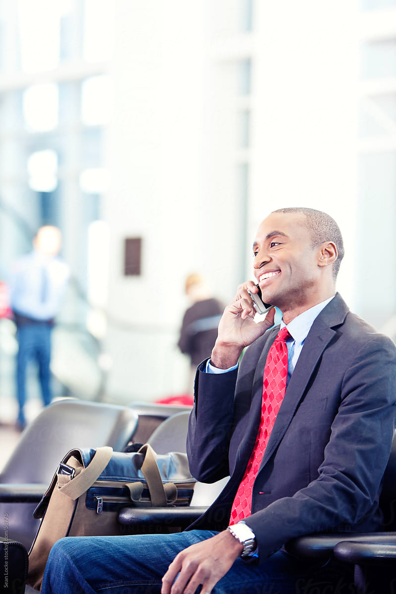  Airport Man Waiting For Flight Uses Cell Phone For Business Del 