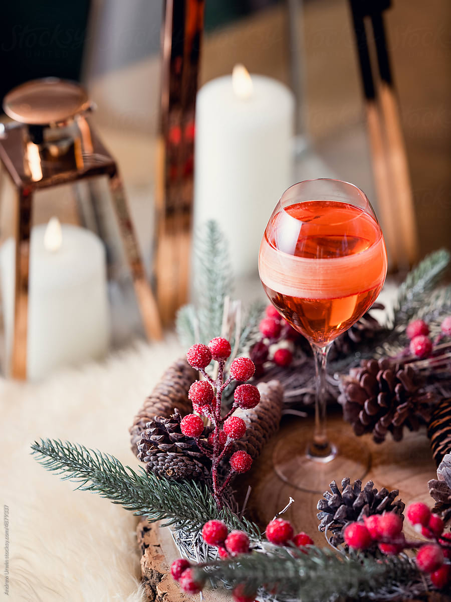 A glass of rose wine at Christmas
