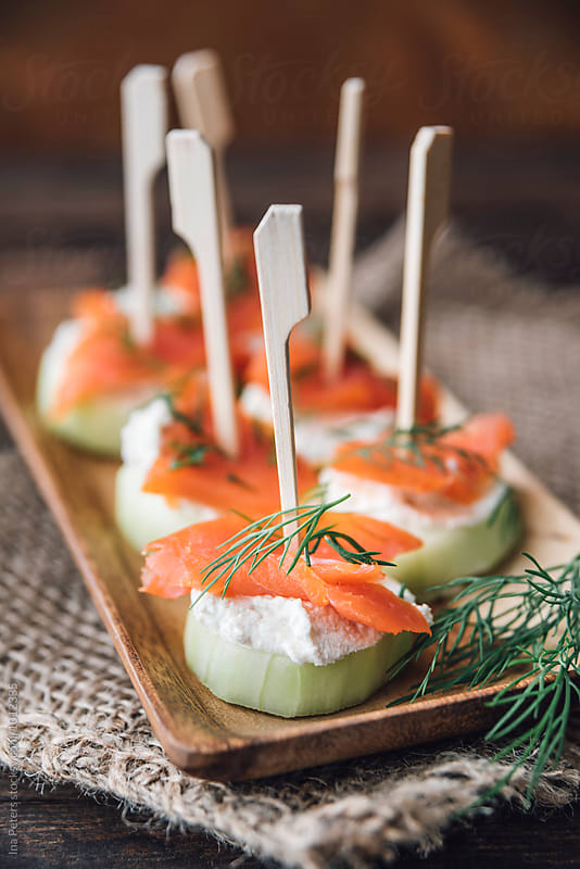 Food: Lox, Horseradish cream and cucumber with dill Fingerfood