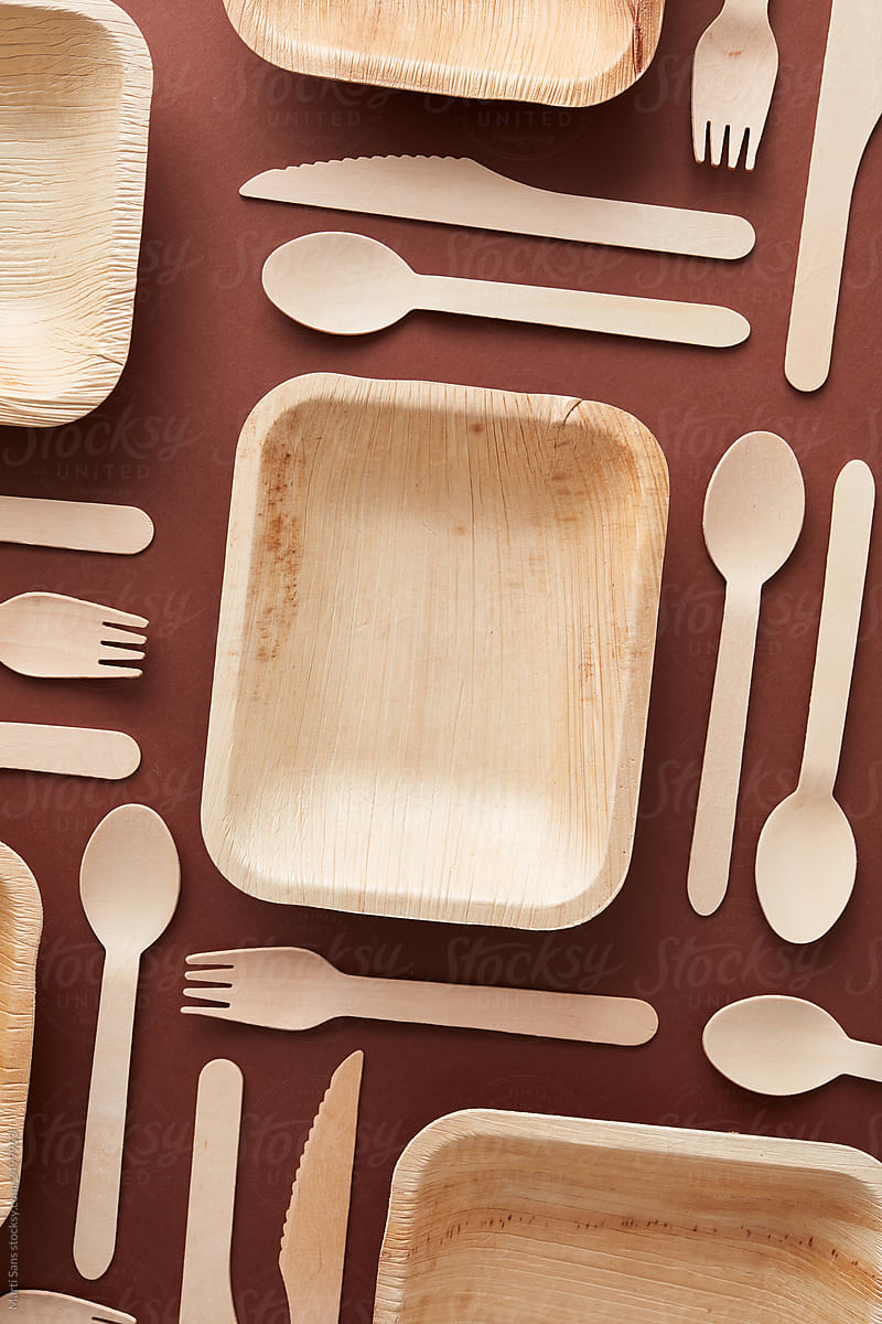 Alternative wood dishes and cutlery in layout