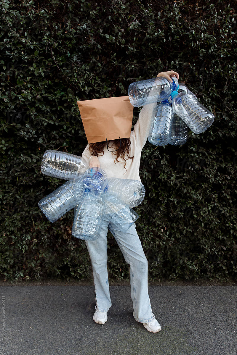 woman with plastic cans