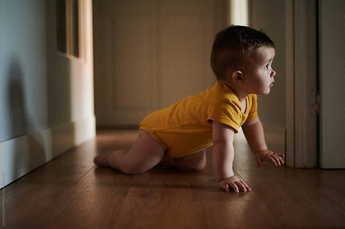 adorable Baby crawling on floor at home