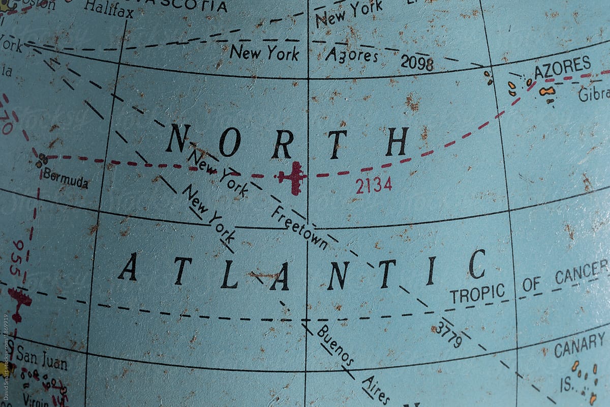 Detail of old globe showing North Atlantic