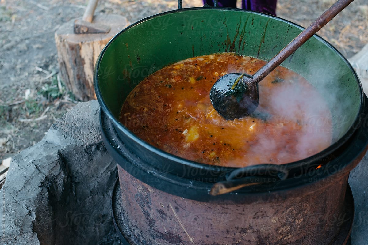 Traditional Hungarian goulash cooked over a fire