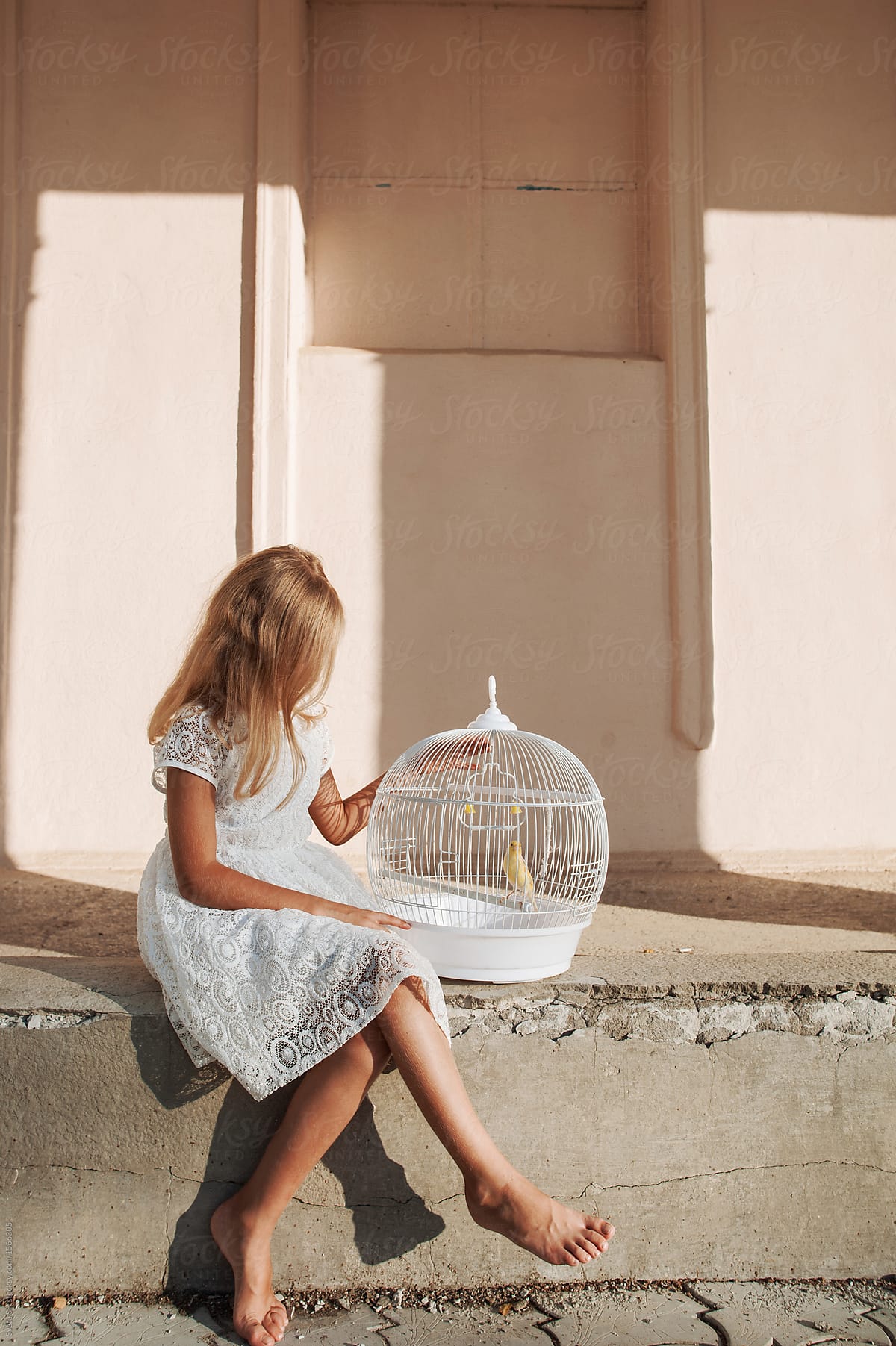 Girl with a cage for birds