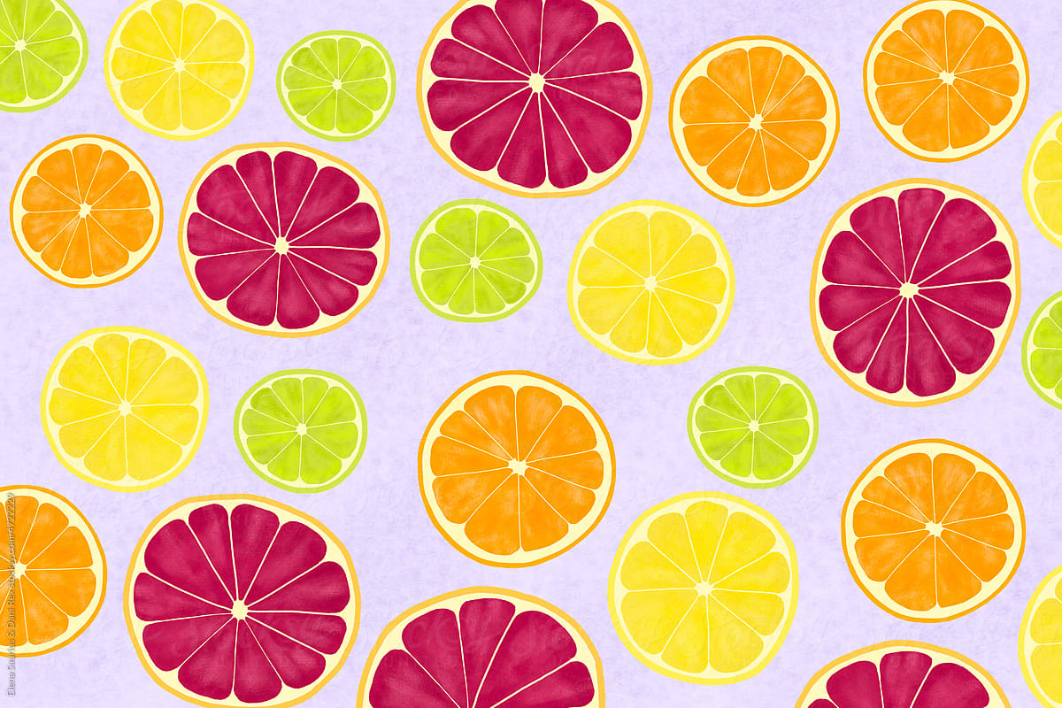 Repeating pattern of summer citrus on pink background, illustration