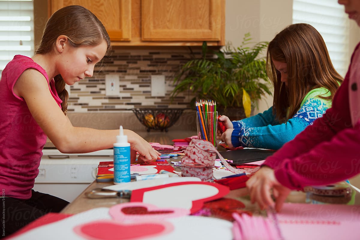 Valentine: Girls Making Holiday Crafts and Cards