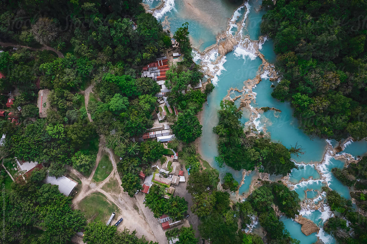aerial view of waterfalls in a river in mexico. Cascada azul.