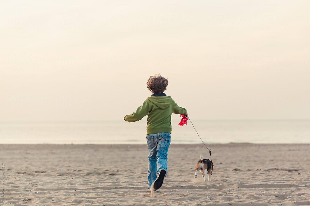 Boy running on the beach with a beagle dog on a leash