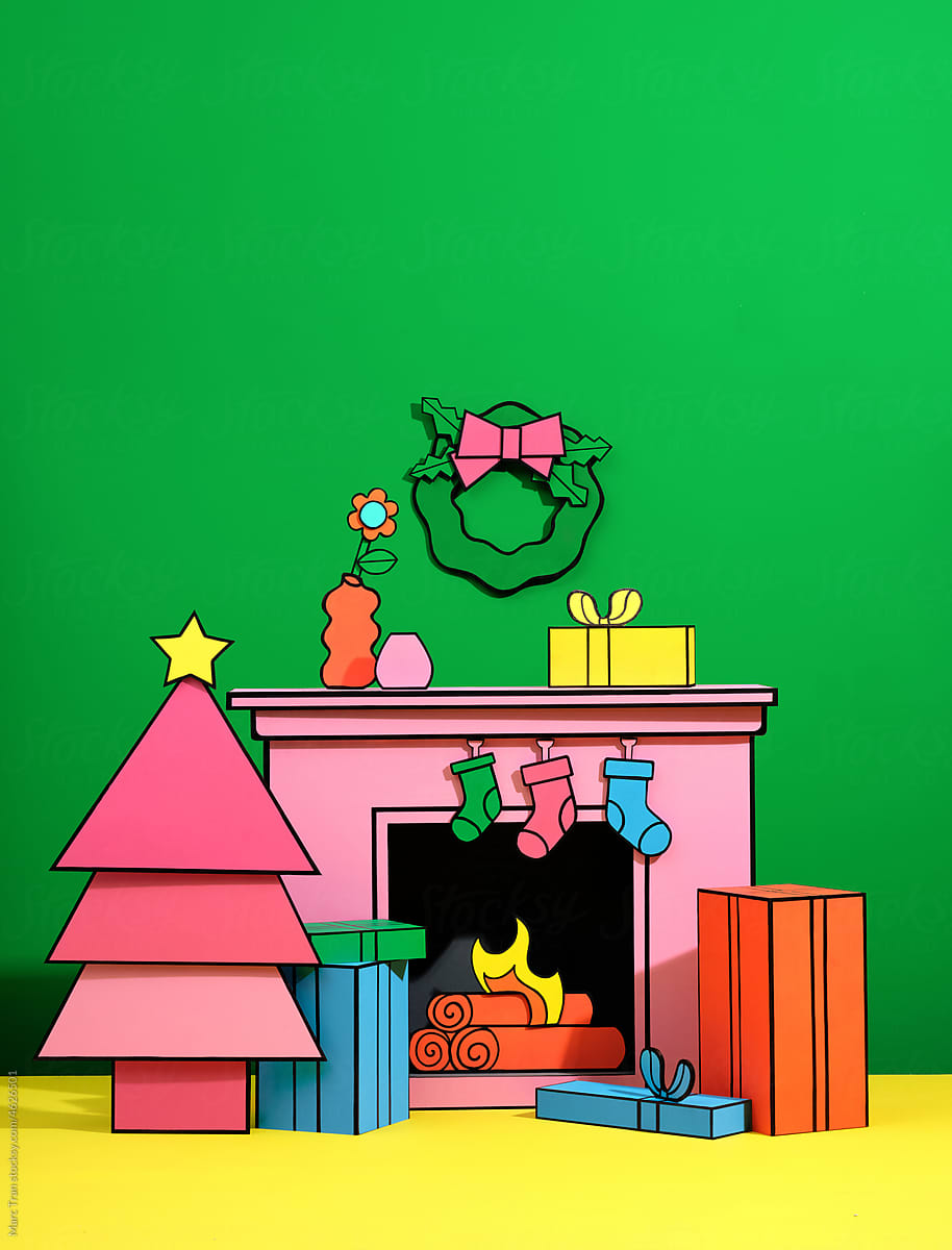 Merry Christmas with fireplace in papercut style