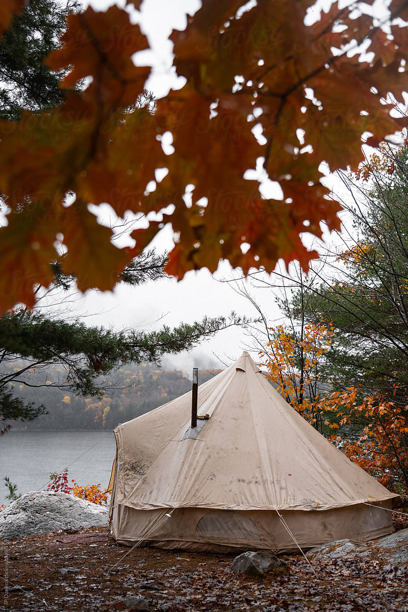 Canvas Tent with Stove at Autumn Campsite