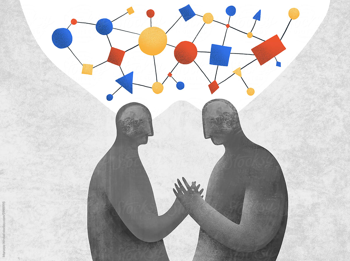 Conceptual Artwork of Two Figures Sharing Ideas