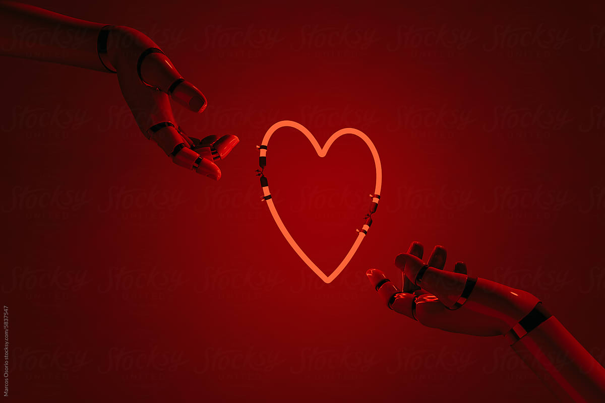 Robot hands holding a Neon heart