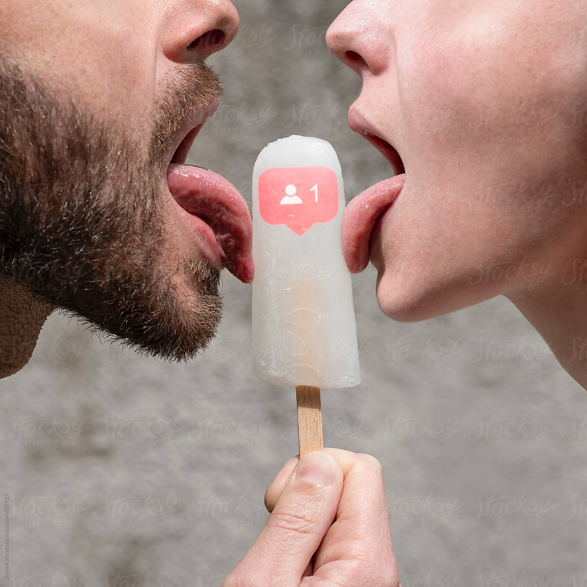 Woman and man lick ice pop with followers icon