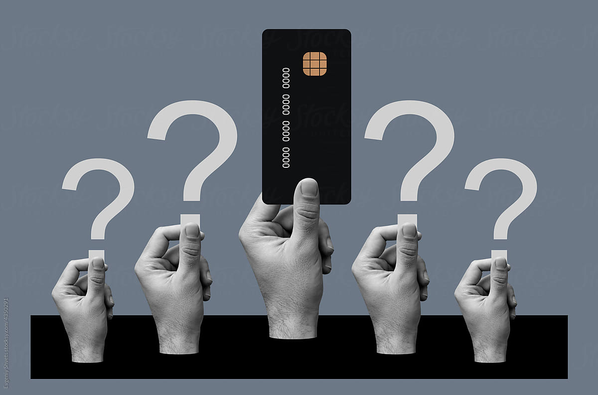 Hands holding credit card and question mark