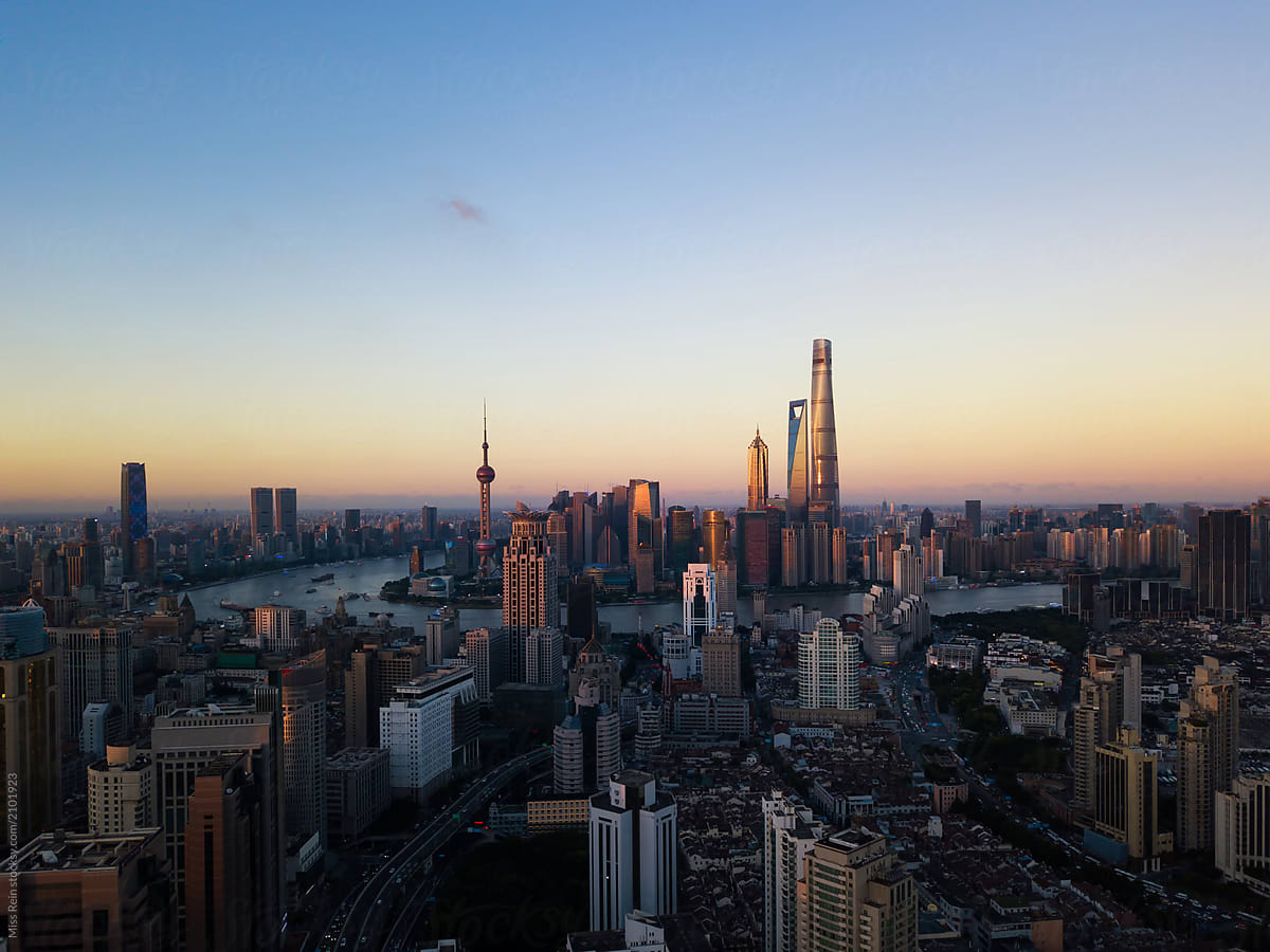 Shanghai Bund Sunrise Aerial Panorama