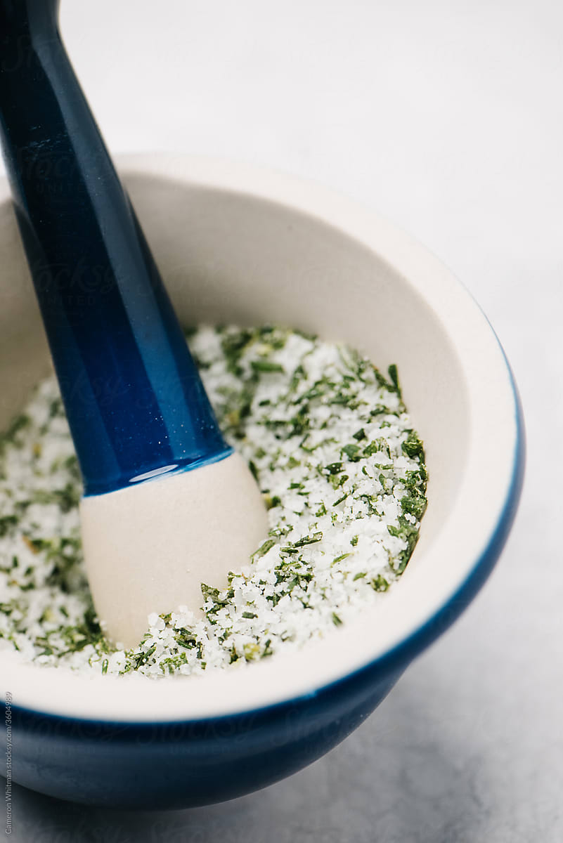 Mortar and pestle with rosemary-infused salt
