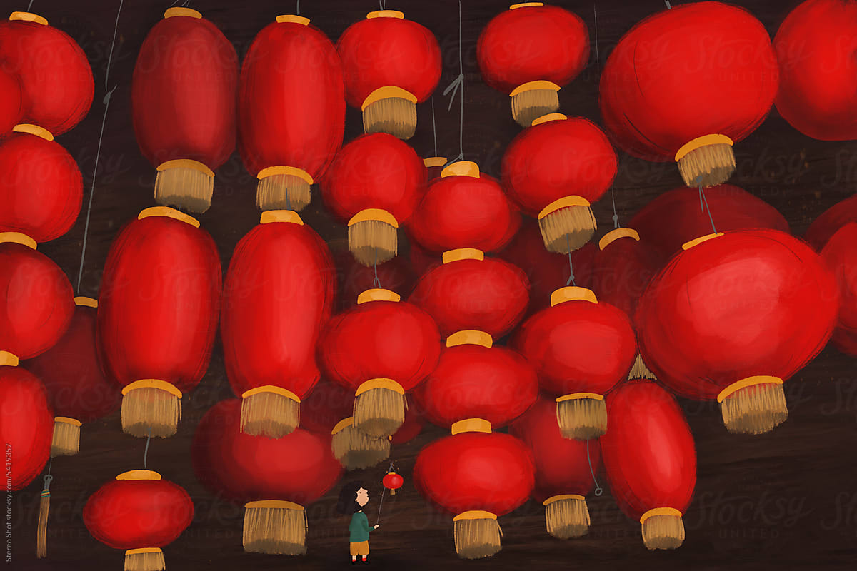 Little asian girl looking at red chinese lanterns