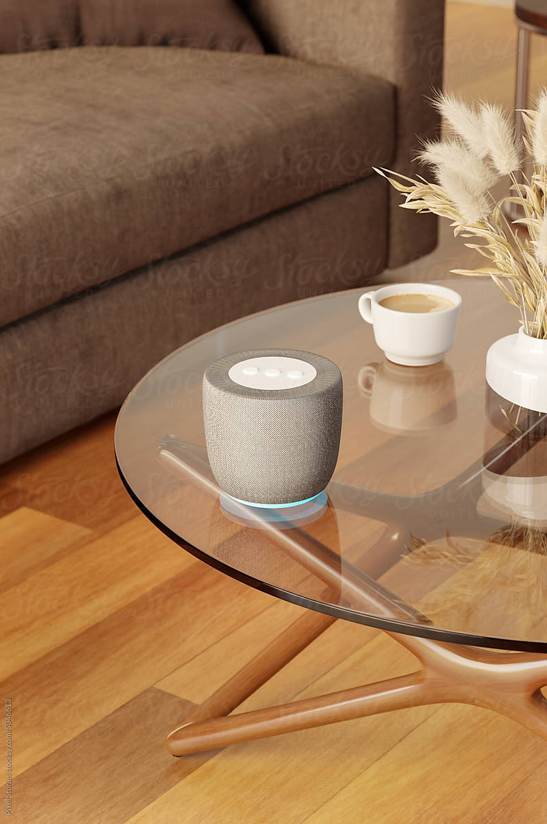 Non-brand smart speaker on living room table. Smart home concept.